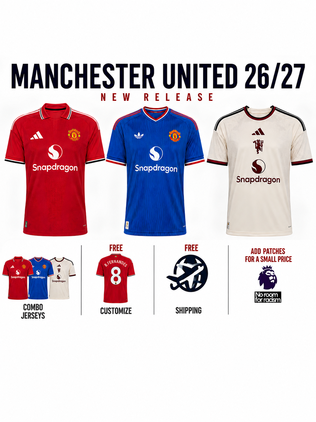 Combo Manchester United 3 Jerseys 26/27 for $89.90 Free Shipping Worldwide