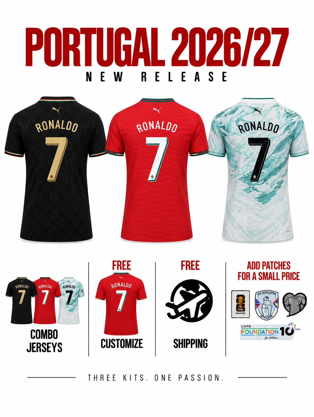 Combo CR7 LAST DANCE Portugal 3 Jerseys 26/27 for $79,8 Free Shipping Worldwide