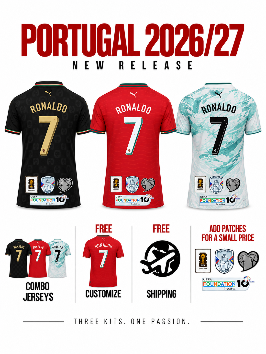 Combo CR7 LAST DANCE Portugal 3 Jerseys 26/27 for $79,8 Free Shipping Worldwide